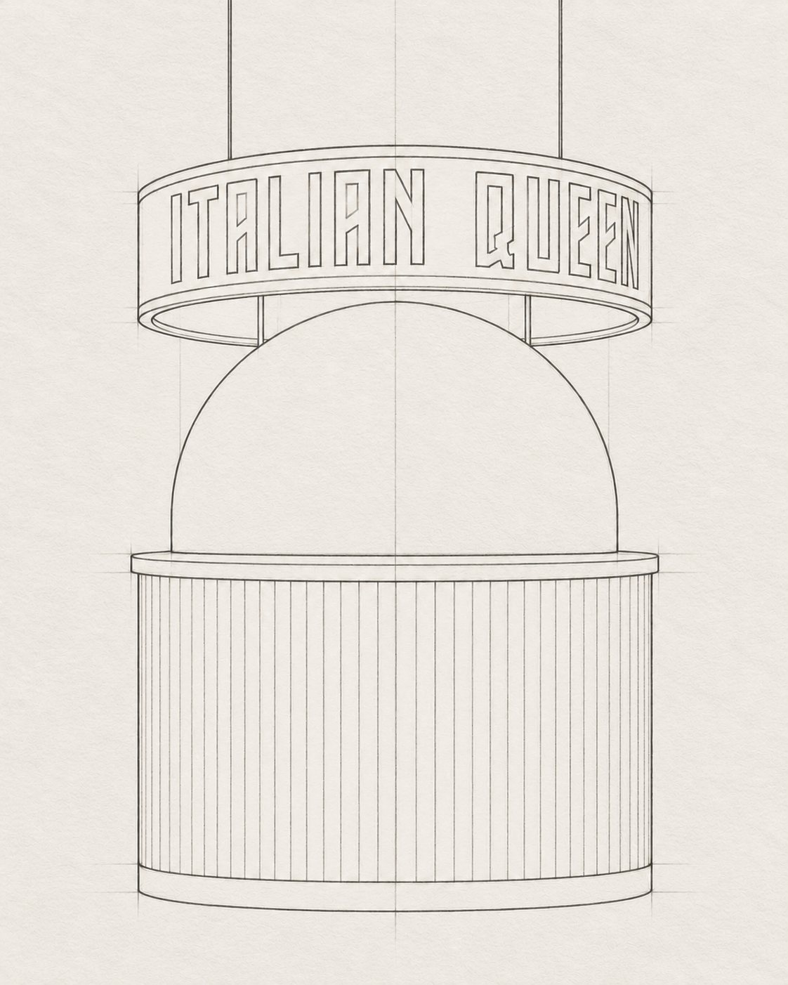 Italian Queen – hand sketch of the pizza oven and its neon ring, Jon Filin