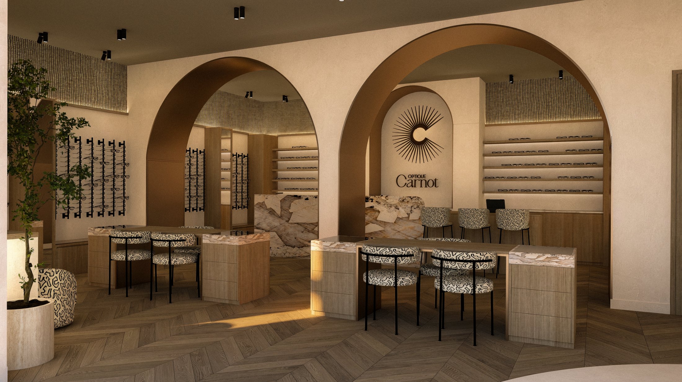 Optique Carnot – arches, sun monogram and logotype at the back of the shop, interior architecture by Elise Nezzar and Patricia Da Cunha Fernandes, branding by Jon Filin
