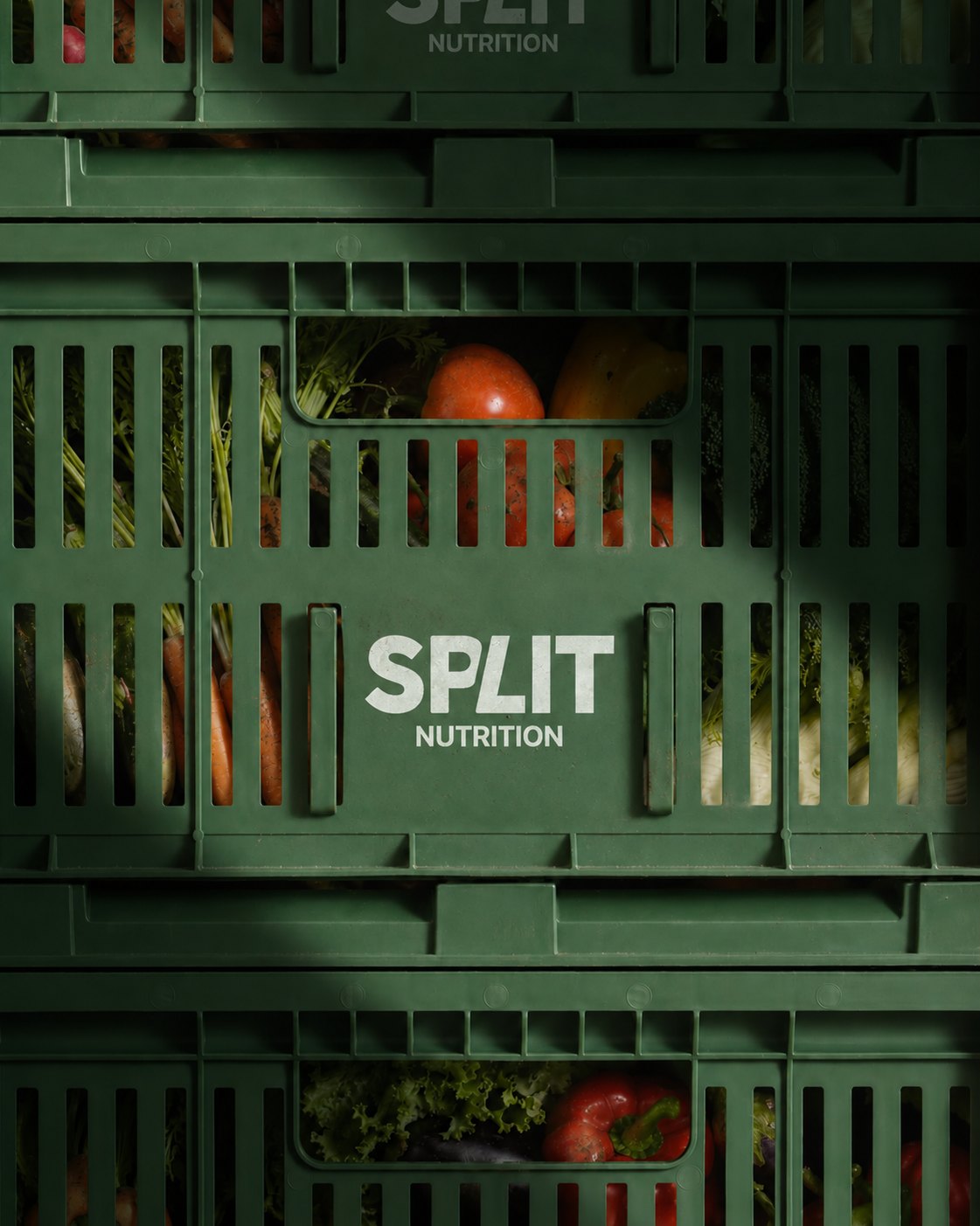 Split Nutrition – stacked green produce crates with the logo, filled with fresh vegetables, creative direction Jon Filin