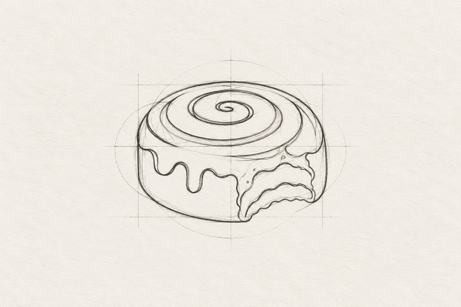Twisty Rolls – graphite sketch of a bitten cinnamon roll, origin of the logo, Jon Filin