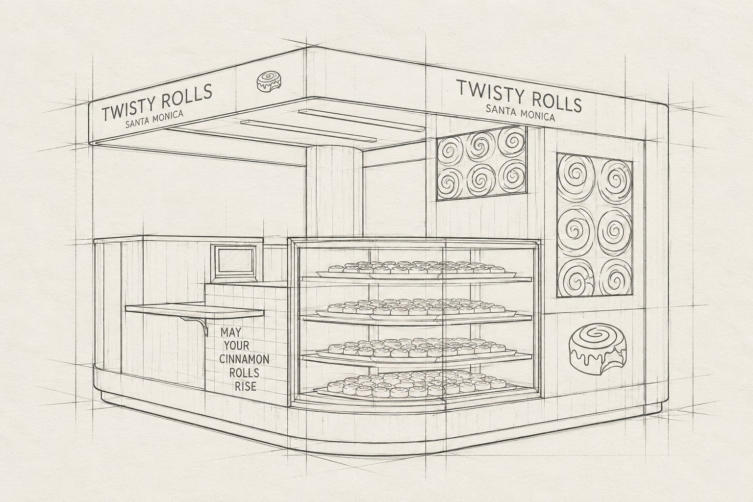 Twisty Rolls – architectural sketch of the kiosk: two-sided fascia, display case and spiral panels, Jon Filin