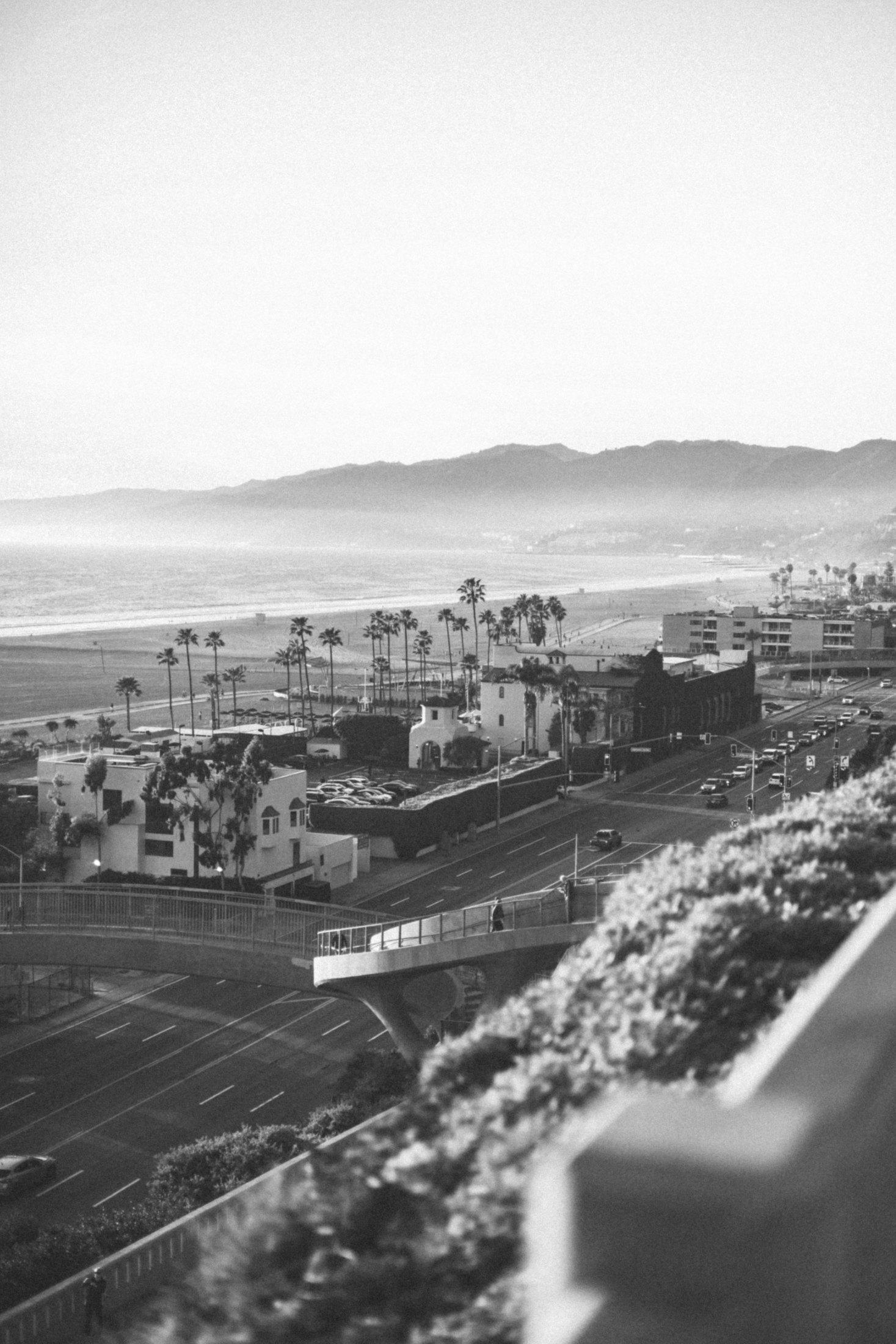 Santa Monica seafront in black and white, where the Twisty Rolls idea was born