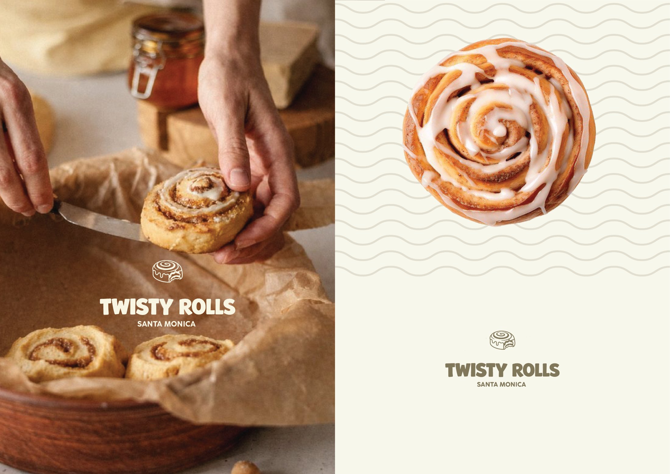 Twisty Rolls – brand world: cinnamon rolls, Twisty Rolls Santa Monica logo and wave pattern, branding by Jon Filin